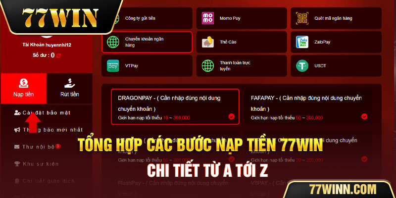 các bước nạp tiền 77win